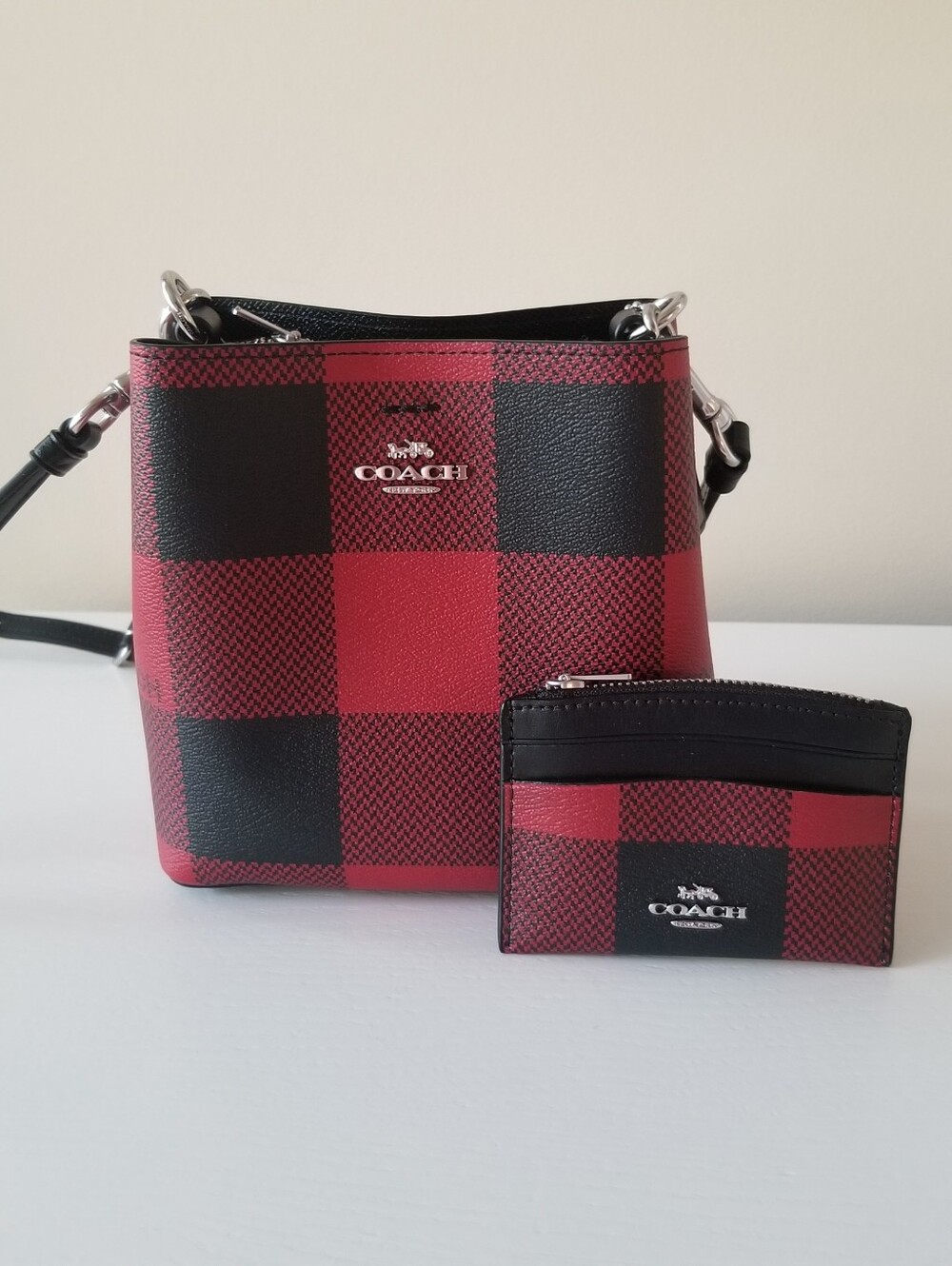 Coach Mini Town Bucket Bag Coossbody  & Card Holder Buffalo Plaid